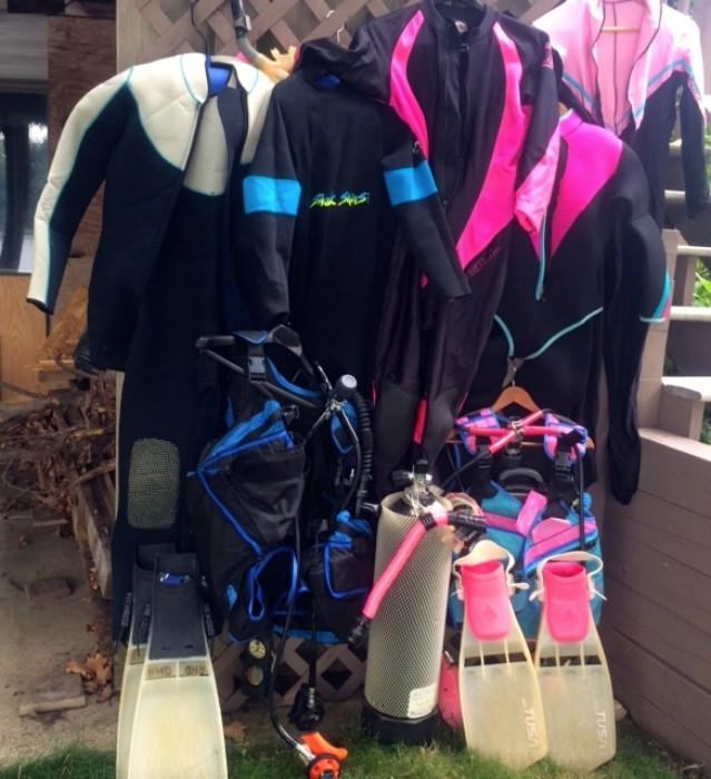 Scuba diving equipment:  Dive suits (for both cold and warm water), vests, (Mens, size L, Womens, size L), finns, snorkels, BCs, mask, scuba tank and more not in the picture
