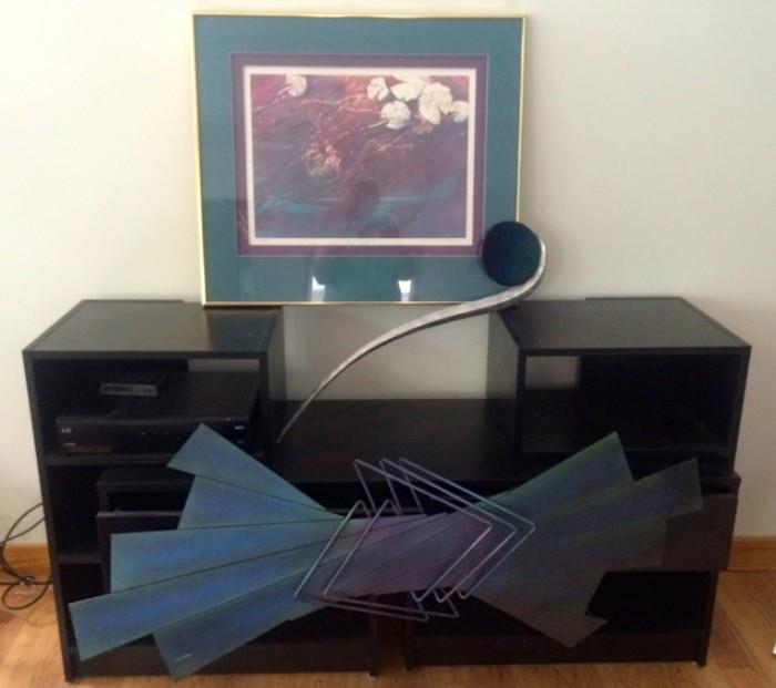 Black console (expandable) and Three pieces of art:  Upper--"Pond Depths" by K. Conover Miller; Sphere w/Extension; and Triangular Art