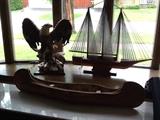 Handmade wood sailboat sculpture, Huge eagle statue & amazing Ojibwe Indian canoe