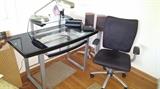 Great glass & iron desk with upholstered & iron chair
