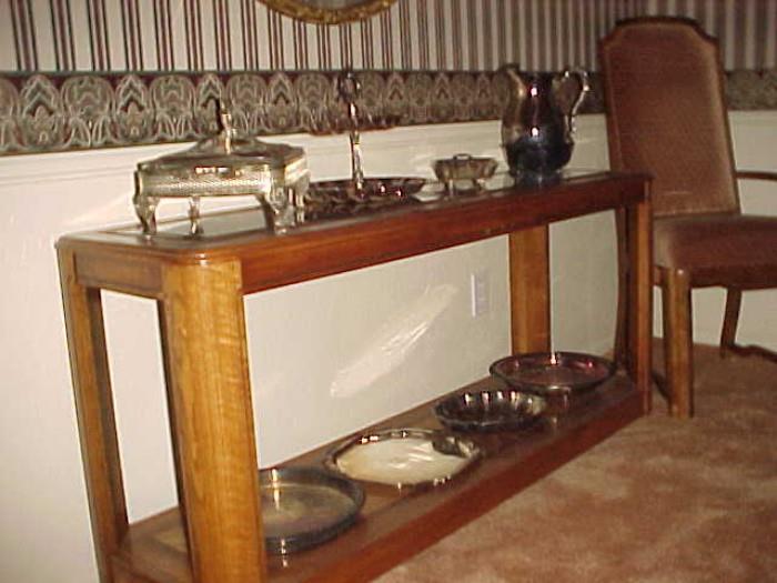 Sofa/Entry Table & Silver Plate Serving Pieces