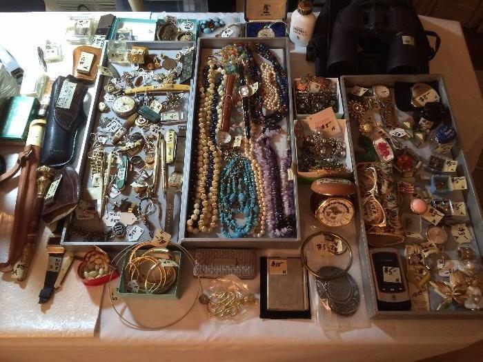 Costume jewelry, pins, pendants, pocketknives, razors, watches, clocks, sterling, gold ring, collectibles, odds and ends, etc....