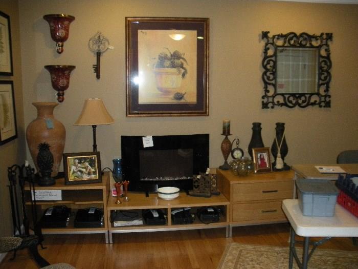 Very heavy, solid wood 3 piece entertainment center in light finish, "Blenko" vase, lots of nice pictures and decorating items