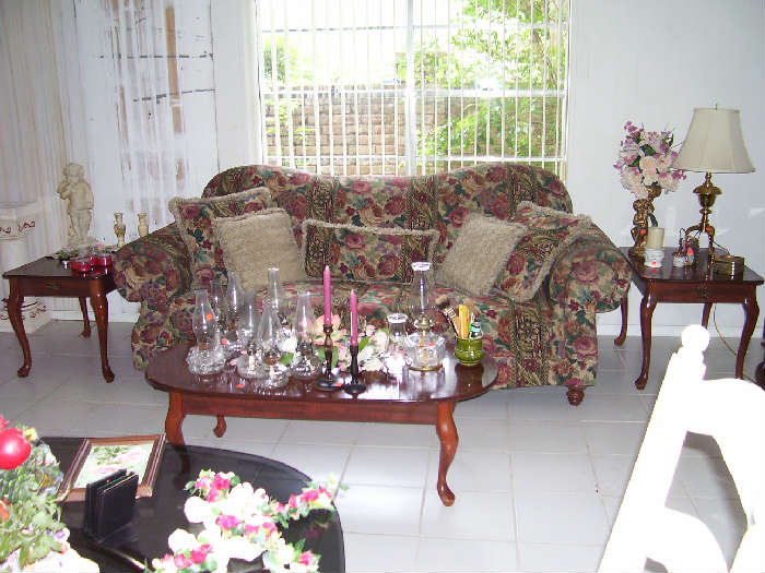 Sofa, coffee table, end tables & lamp