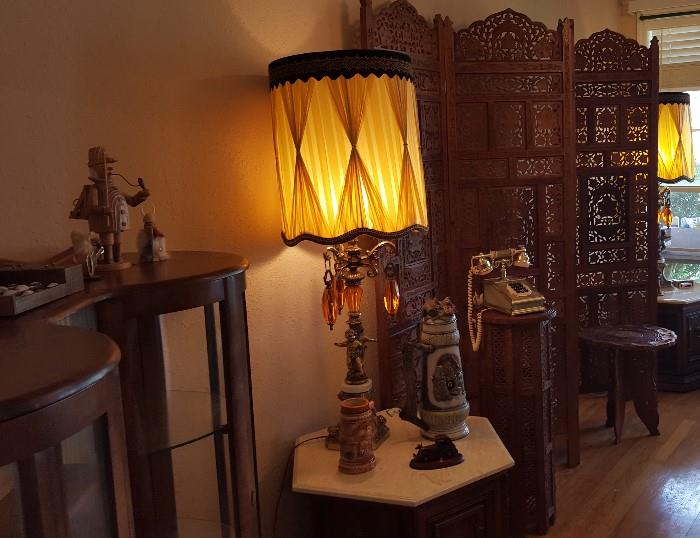 Retro Amber Lamps, Marble Table Top End Tables, Hand Carved Wood Room Divider