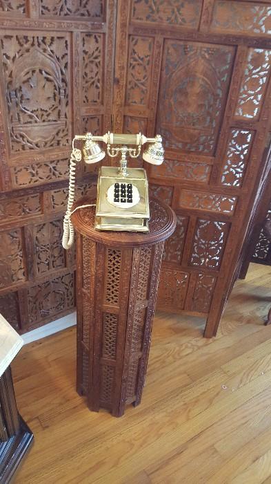 Hand Carved Table/Plant Phone Stand with Inlayed Brass