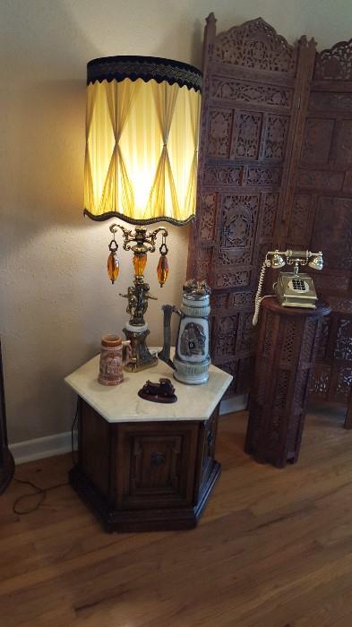 Retro Amber Lamp, Marble Top End Table, Italy Made Cradle Princess Phone