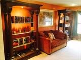 Thomasville Hemingway Collection Bookcases (2) and Ethan Allan Love Seat with Matching Decorative Throw Pillows