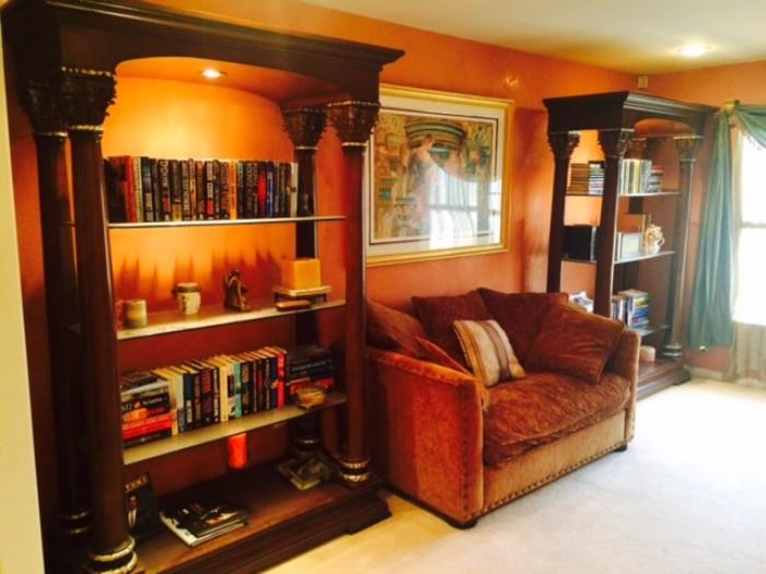 Thomasville Hemingway Collection Bookcases (2) and Ethan Allan Love Seat with Matching Decorative Throw Pillows