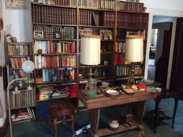 Books, Shelves, Pedestal Desk, Stool and Small Side Table and Lamps