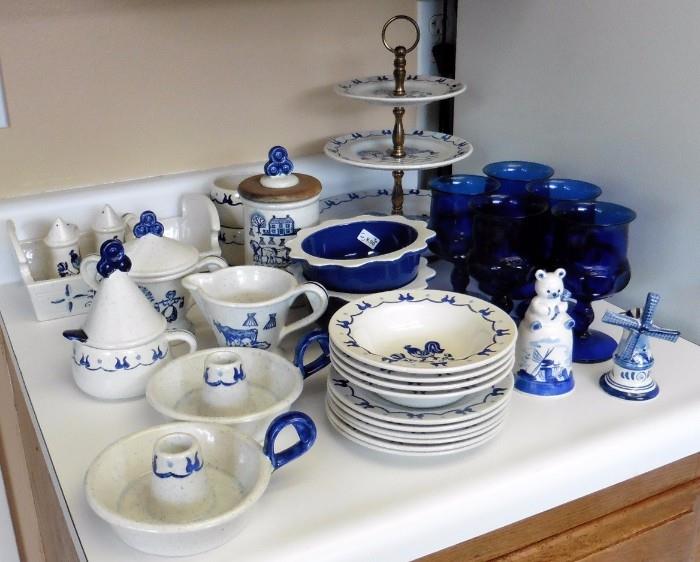 Metlox and cobalt blue bowls and glassware.