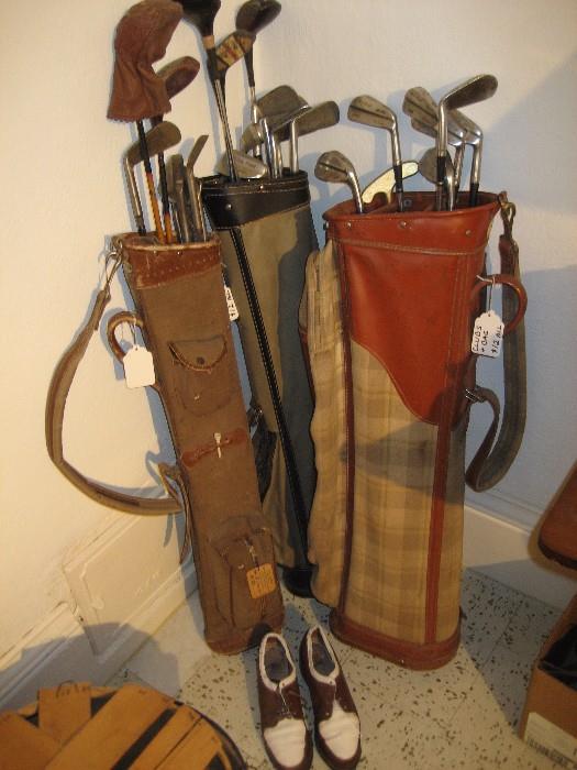 Vintage golf clubs and shoes