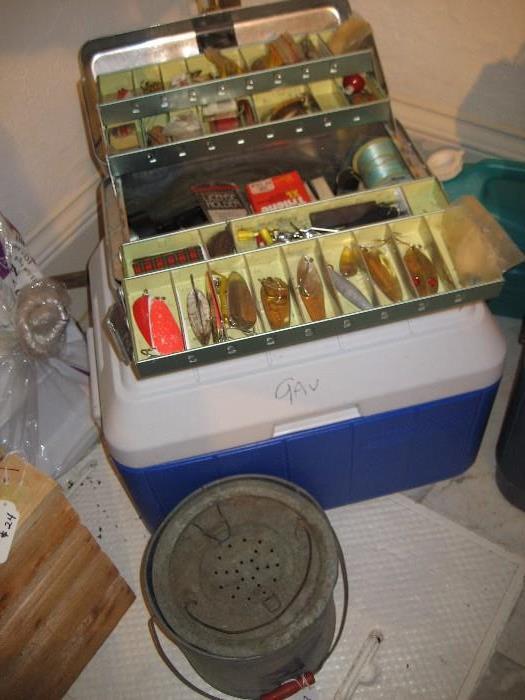 Old fishing tackle box and minnow bucket