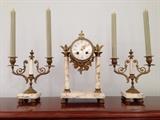 Japy Freres Garniture. Three piece marble and brass clock and candlestick set.