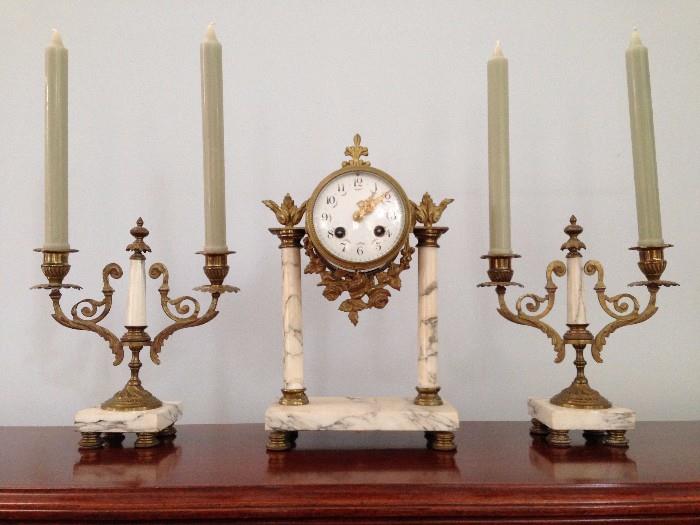Japy Freres Garniture. Three piece marble and brass clock and candlestick set. 