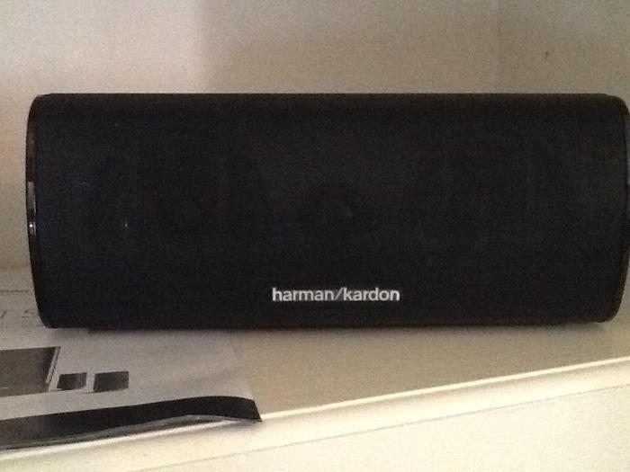 Harmon Kardon surround sound system with speakers and Denon subwoffer