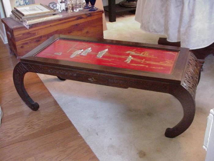 Japanese carved low table with lacquered top and applied jade figures