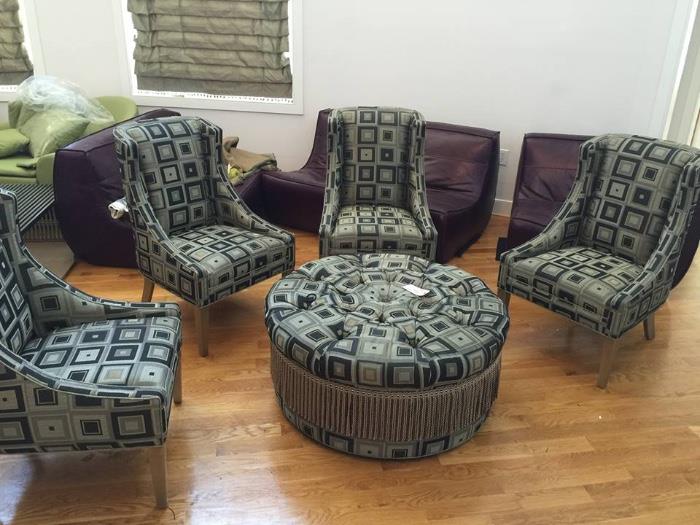 4 Upholstered Chairs and Round Ottoman