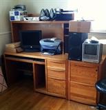 oak computer desk, filing cabinet and electronics