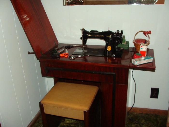 Singer Sewing Machine with Cabinet and Stool