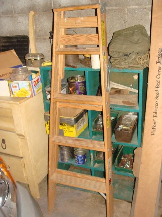 Wooden Ladder, cans of nails, bolts, shelf unit