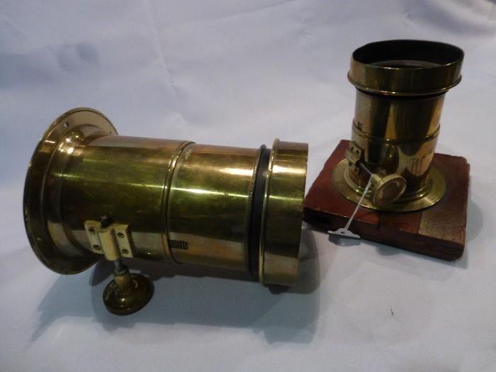 Large & Medium Brass Petzval (Magic Lantern) Lens, Engraved A. T. Thomson Co, Boston Importers