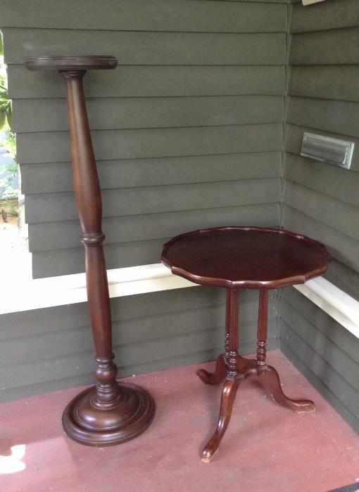 Solid wood plant stand (52" tall) & mahogany pie crust table