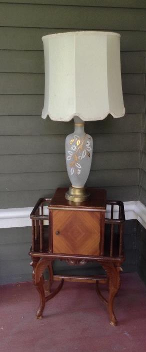 Humidor on stand (copper lined) & one of a pair of vintage lamps.  Not shown: vintage tobacco pipes.