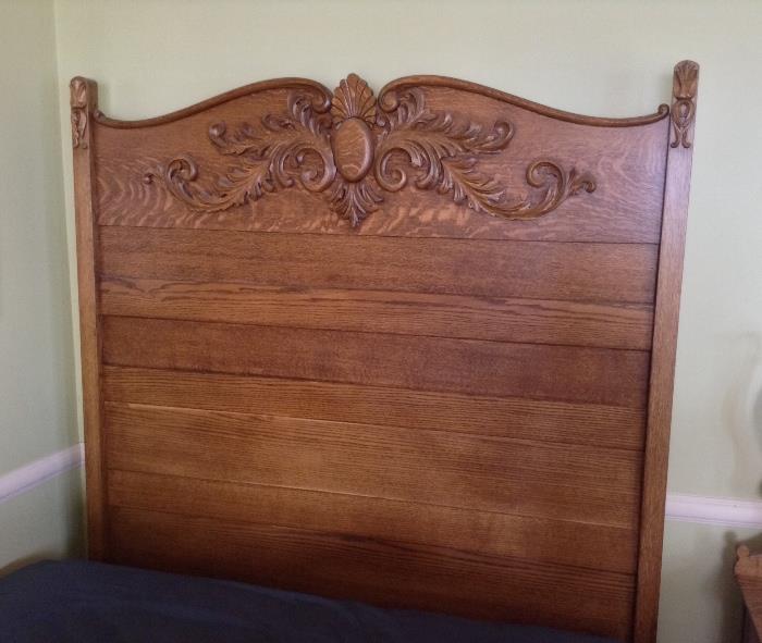 Antique high back oak bed - double/full size - 74" tall. Newer full-size mattress & box spring for sale too - see 2 photos ahead for info.