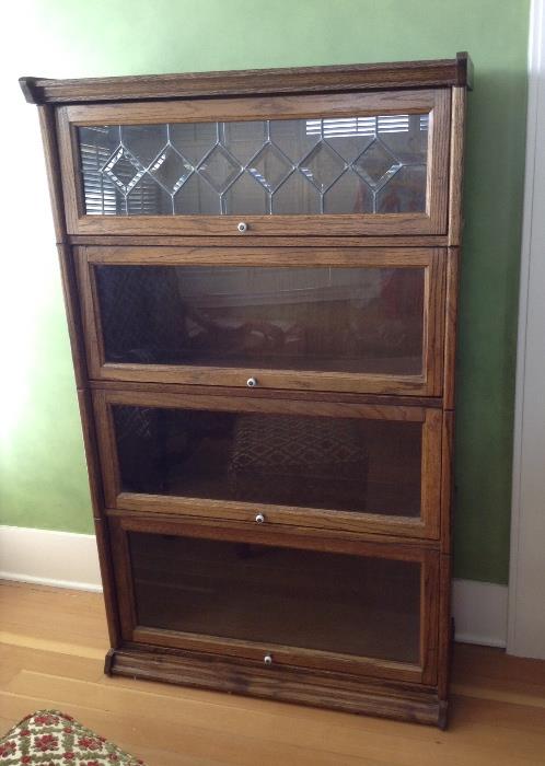 Modern lawyers oak bookcase with leaded glass - 60" tall.  (Note: Stacks do NOT come apart)