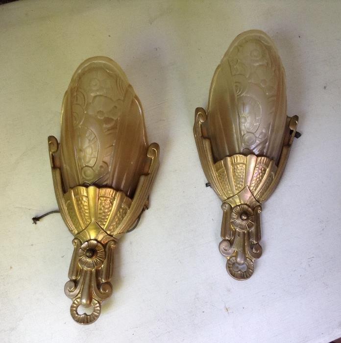 Pair of Art Deco electric wall sconces with original glass slip shades - by Lincoln