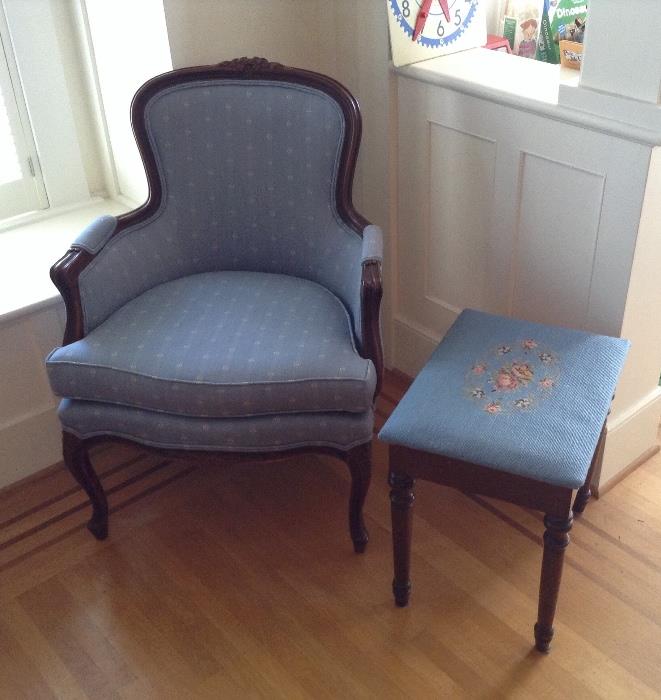 Blue chair by Ethan Allen & needlepoint bench