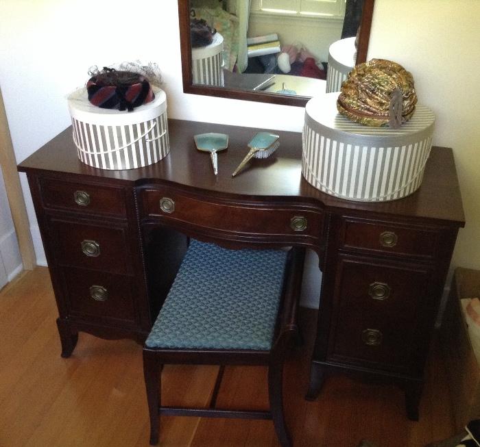 Mahogany vanity with bench & matching wall mirror - in excellent condition!  Also part of bedroom set. Plus a few vintage hats & hat boxes