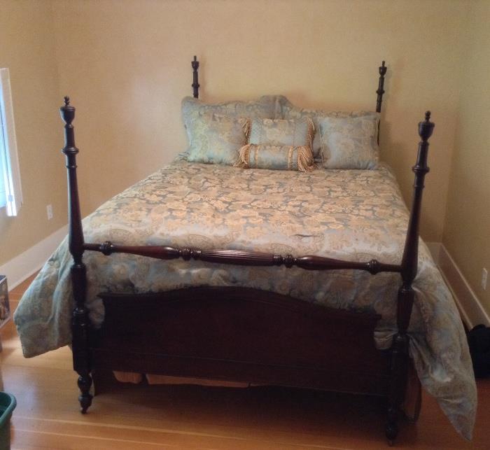 Queen size mahogany 4 poster bed - also for sale are Sealy Posturepedic queen size mattress & box spring in like-new condition (used in guest room) and "Napoleon" bedding set by Croscill including comforter, pillows, bedskirt & sheets as seen on bed.