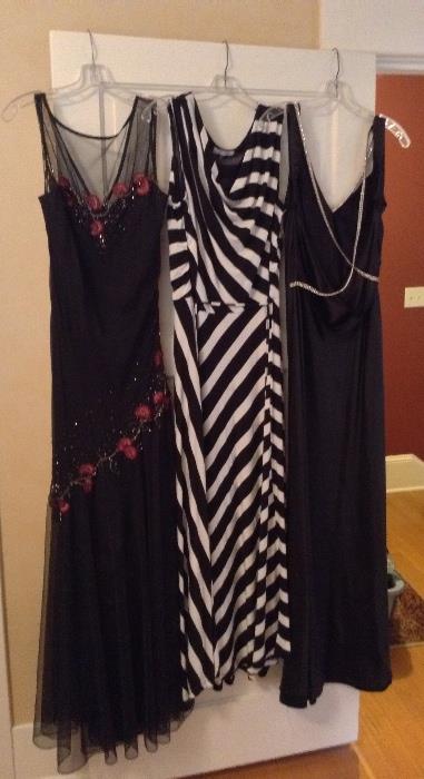 3 special occasion dresses - beaded black silk by Xscape (size 12), black & white striped maxi dress by Calvin Klein (XL) & black satin backless dress with rhinestones by Lillie Rubin