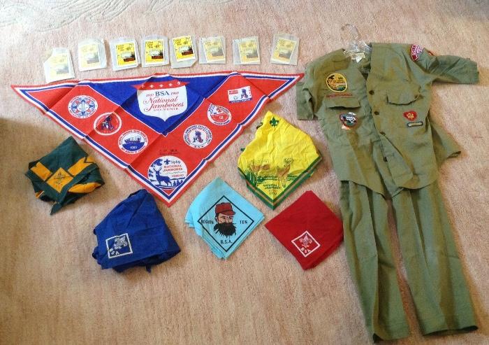 1960's Boy Scout memorabilia: uniform, neckerchiefs & many 1969 National Jamboree decals (Idaho) - with Reddy Kilowatt!