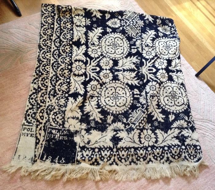 Blue & white woven coverlet - dated 1845 & signed (made by) Polly Myers