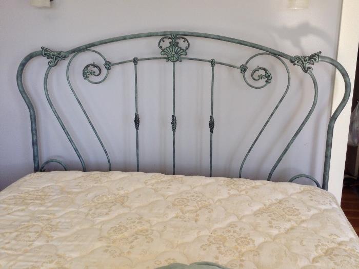King size metal bed with verdigris finish & king size mattress & box spring by Sound Sleep (bed has matching footboard)