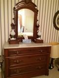 antique dresser with marble top and mirror, lamps 