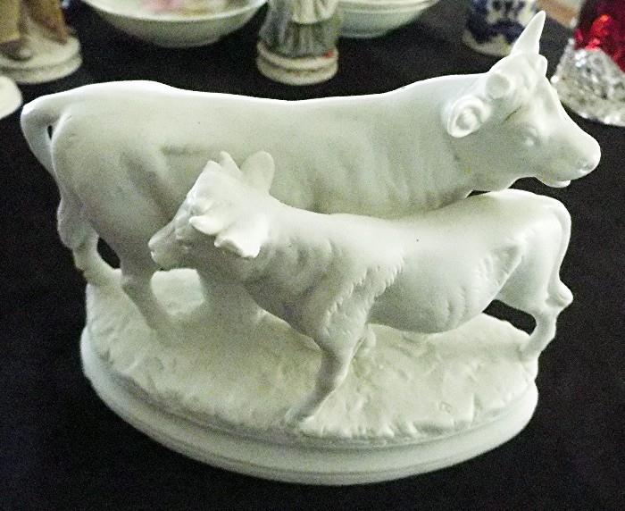 ANTIQUE FRENCH SALT COW AND CALF FIGURE