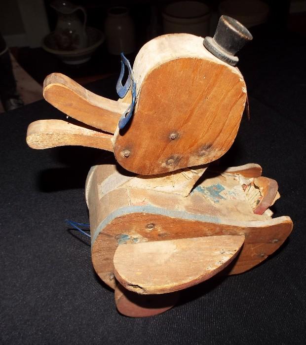 HAND MADE ANTIQUE WOODEN DUCK PULL TOY