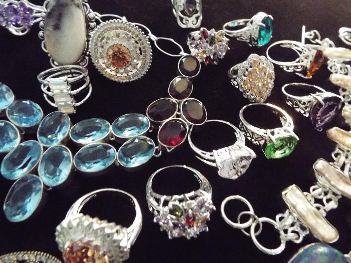 NEW GEMSTONES (TOPAZ, TURQUOISE, RUBY, GARNET, CORAL, RUBY, SAPPHIRE, EMERALD) TURKISH AND OTHER STERLING JEWELRY