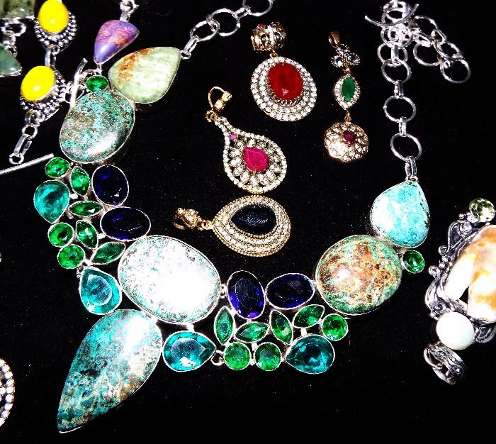 NEW GEMSTONES (TOPAZ, TURQUOISE, RUBY, GARNET, CORAL, RUBY, SAPPHIRE, EMERALD) TURKISH AND OTHER STERLING JEWELRY