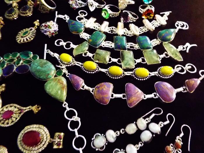 NEW GEMSTONES (TOPAZ, TURQUOISE, RUBY, GARNET, CORAL, RUBY, SAPPHIRE, OPAL, EMERALD) TURKISH AND OTHER STERLING JEWELRY