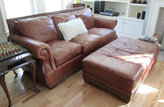 Full size Leather Sofa with Large Ottoman - Fabulous Wood Trim