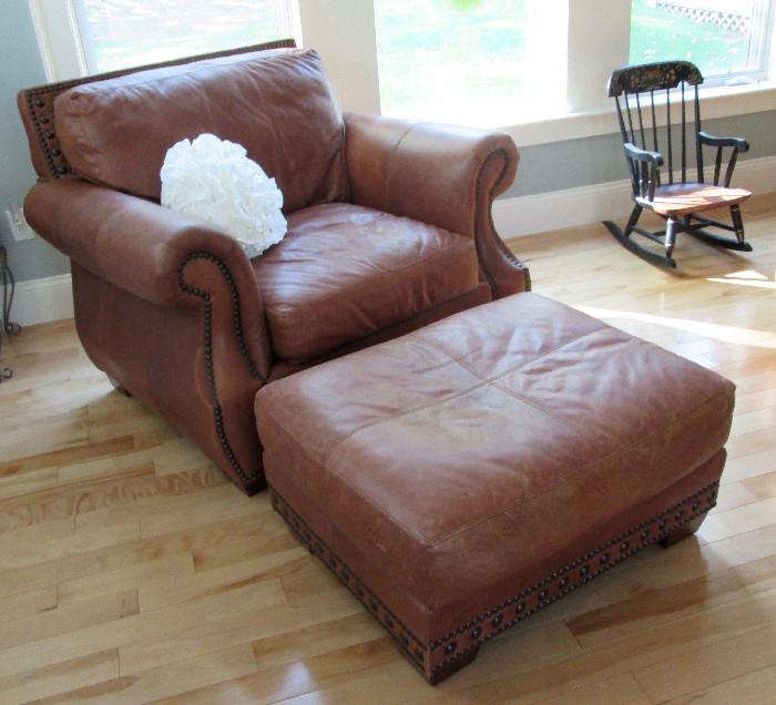 Genuine Leather Chair with Matching Hassock and Fabulous Wood Beaded Detailiing