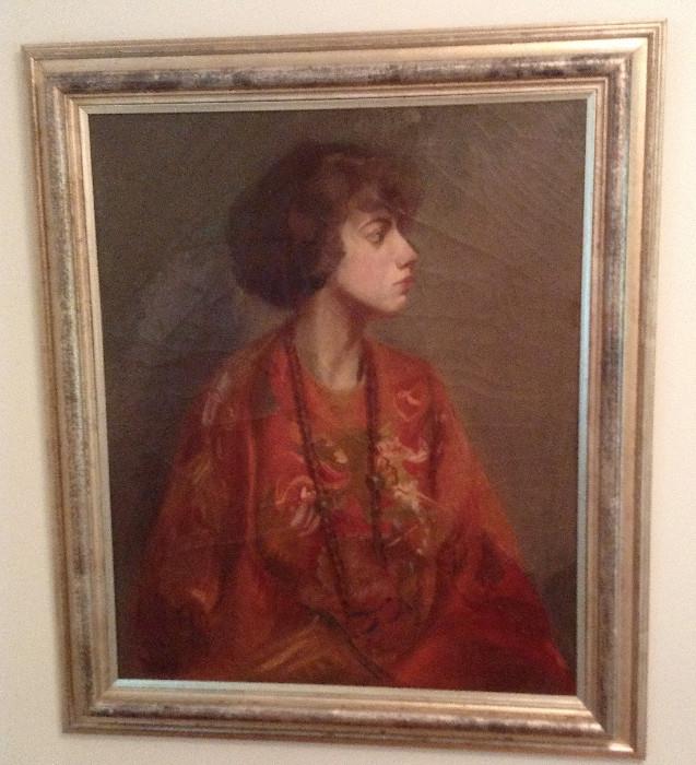 Circa 1920s Portrait of Woman Framed Oil on Canvas