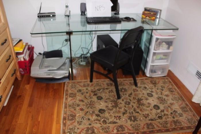 Glass Work Table, Desk Chair, Rug and Storage
