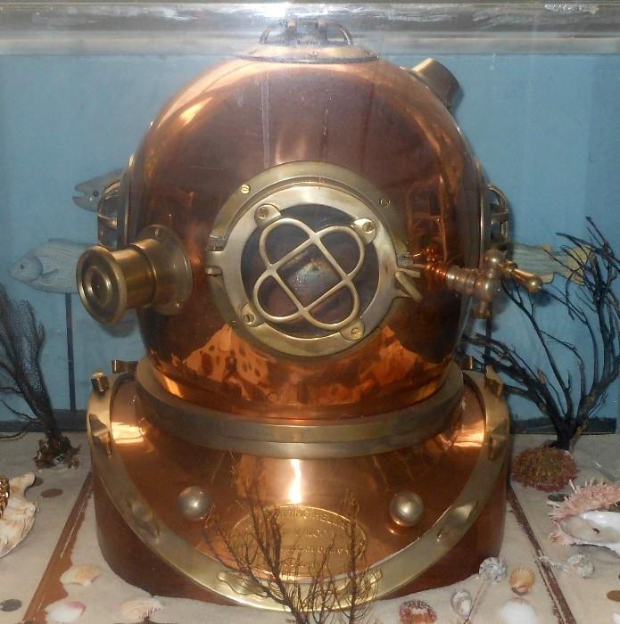 Large Replica Navy Diving Helmet in pristine condition; has been kept under glass