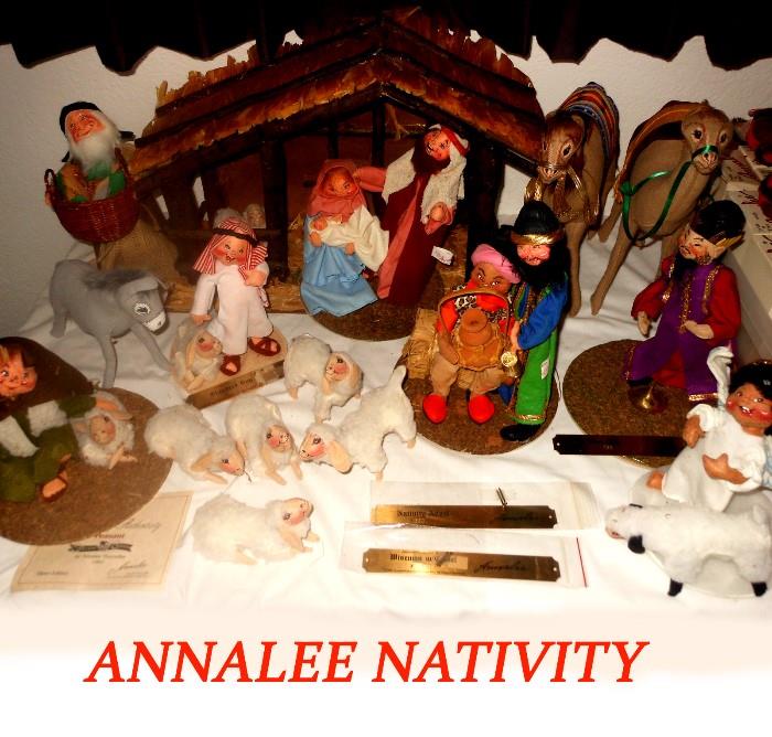 Complete Annalee Nativity Set including Mary, Joseph, Baby Jesus, 3 Wise Men, 3 Shepherds, an Angel, 7 lambs, 2 Camels, a Donkey and Brass Plates; All in Lovely Condition